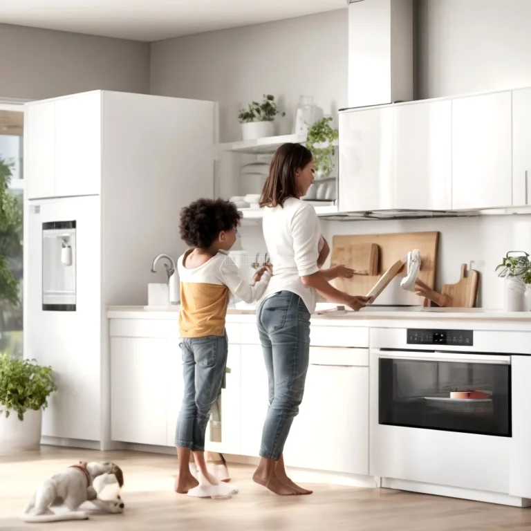 Familie nutzt AI-Geräte in Küche